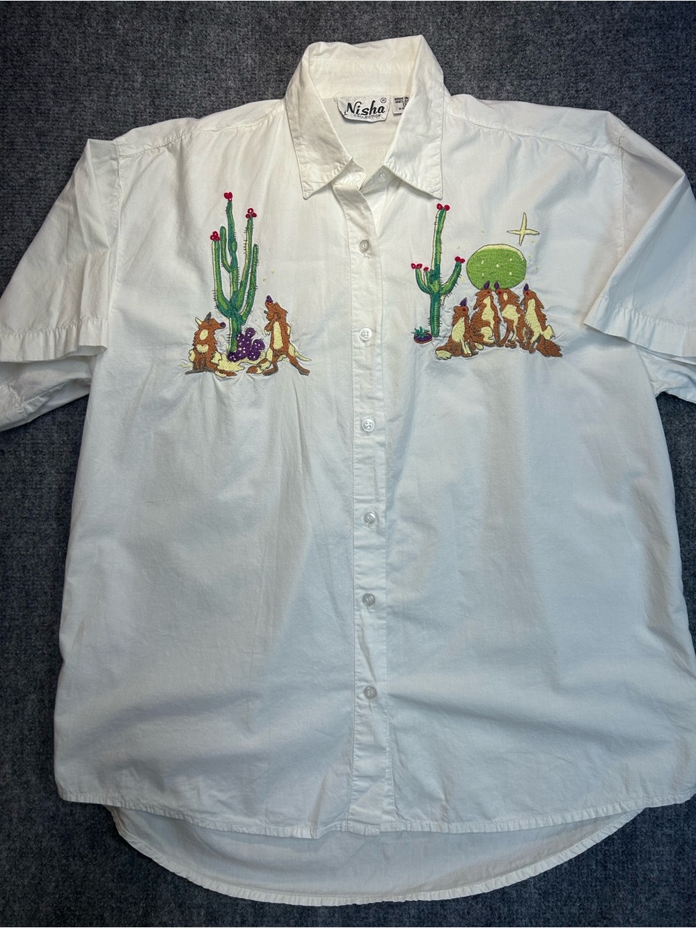 Nisha Collection 1990 Vintage Button-Down w/Desert Coyote & Cactus Embroidery